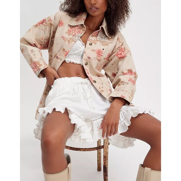 Free People Floral Jean Jacket - Cream and Pink - Picture 3 of 14